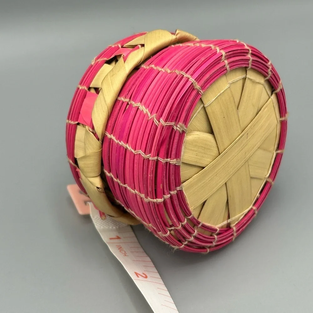 Handwoven Mini Lidded Basket Pink Natural Fiber Boho Storage Trinket